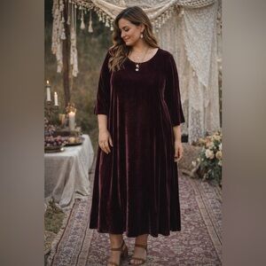 Eileen Fisher Velvet Maxi Dress Size L Deep Maroon Burgundy Long Sleeve
